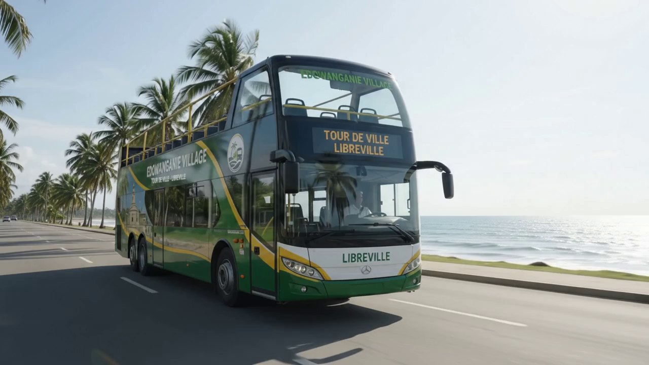 Autobus à impériale aux couleurs d’Edowanganie Village sur la route côtière — illustration conceptuelle