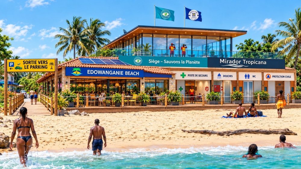 Vue de la Plage du Tropicana depuis la plage : Mirador Tropicana, poste de secours et Edowanganie Beach — illustration conceptuelle
